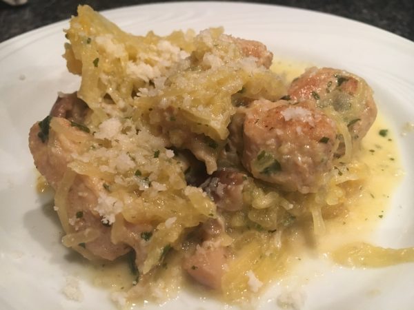 Spaghetti pompoen met kip, shitake en salie (GV – LV)