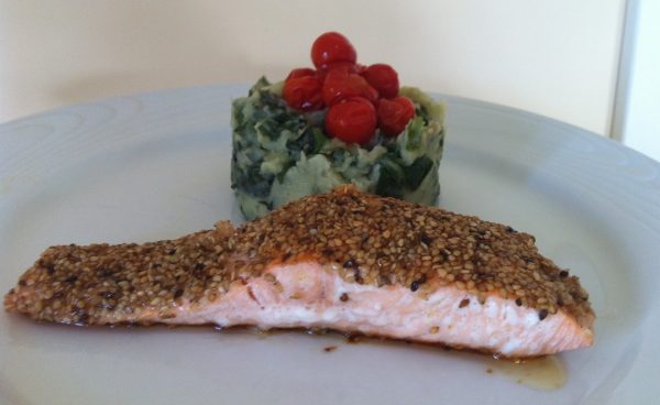 Zalm in sesamkorstje met warmoespuree (GV – LV)
