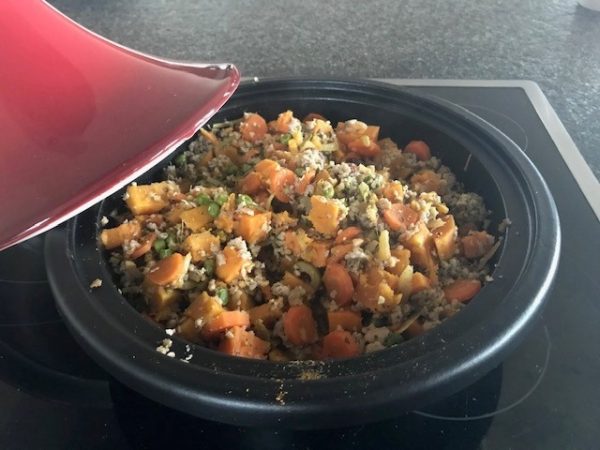 Tajine met zoete aardappel, wortel, kip, citroen en oranjebloesem (GV – LV)