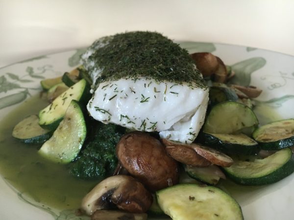 Lenghaas in dillejasje met courgettes, champignons en spinazie (GV – LV – CD)