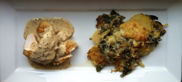 Kalkoenfilet met graanmosterdsausje en aardappel/boerenkool gratin (GV – LV)