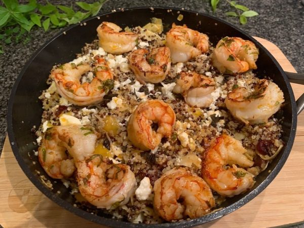 Scampi’s met quinoa, gebakken mango, kaneel en munt ( GV )