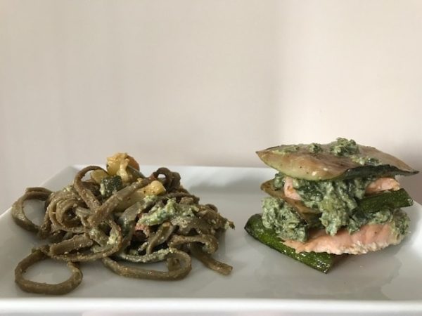 Lasagne van zalm en courgette met pesto spaghetti