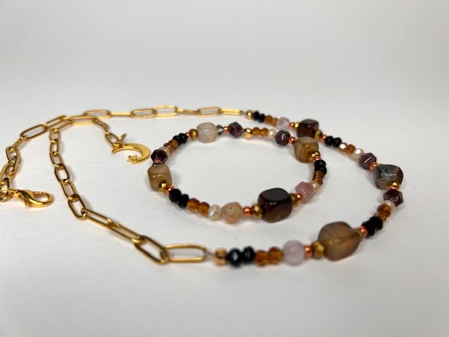 Agaat & bruine toermalijn ketting + armband set