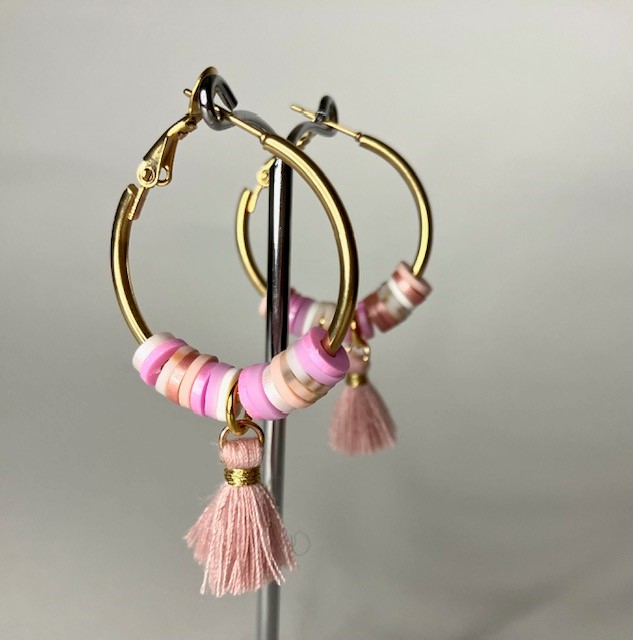 Katsuki kralen oorringen roze, paars & beige (medium) - Afbeelding 3