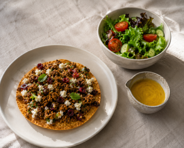 Seitan tostada met munt, feta, cranberry & mango-curry